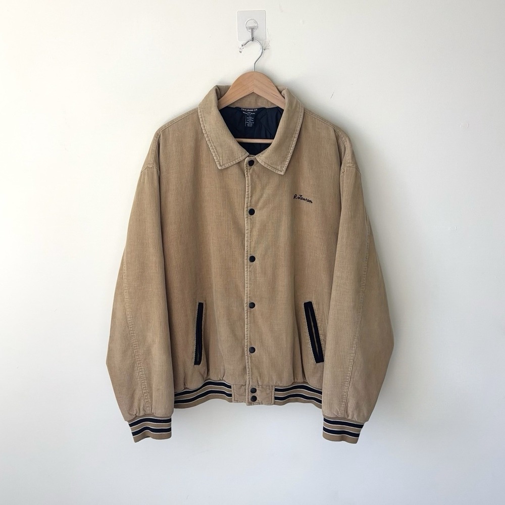 Polo Jeans Co Ralph Lauren Corduroy Bomber Jacket Mens L Spellout Varsity Tan